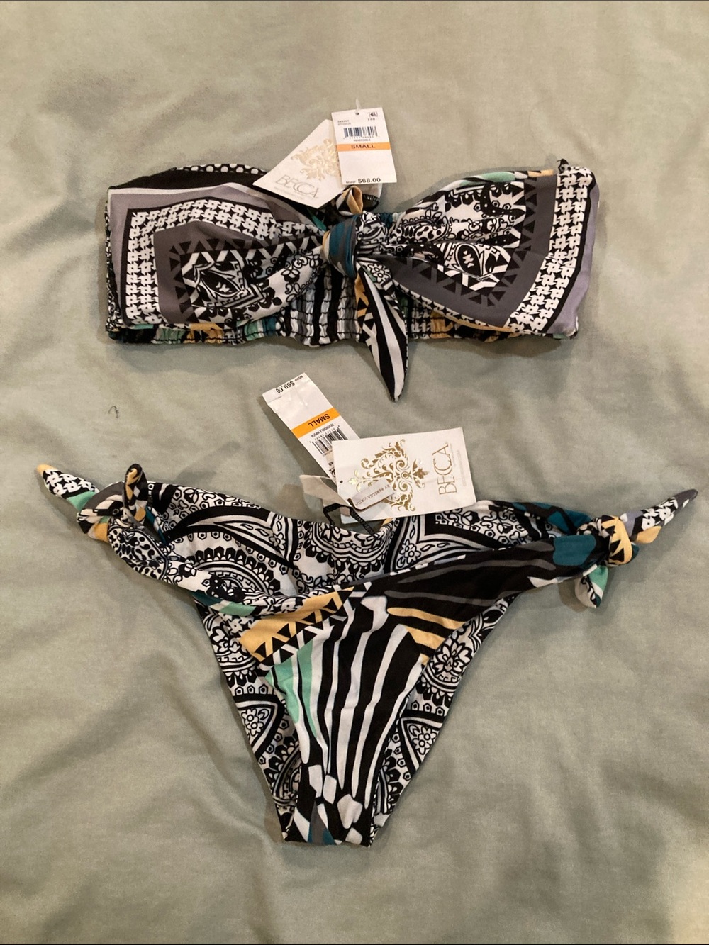 BECCA Black, White & Teal Printed Bandeau Bikini with Yellow Accents Size S